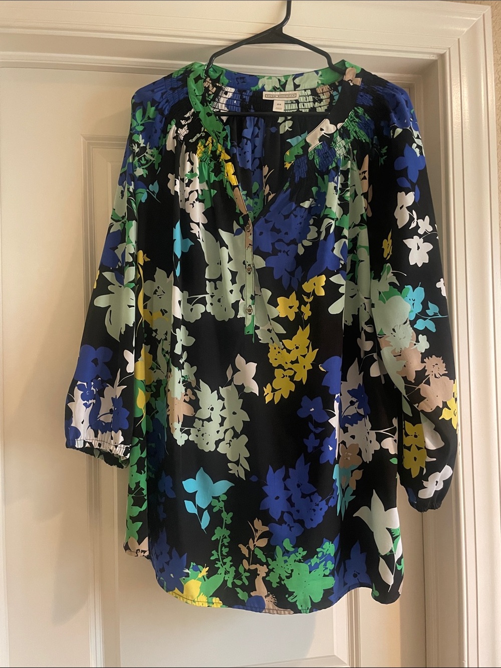 Black Floral Split-Neck Tunic with Blue, Green, Yellow & Cream Accents
